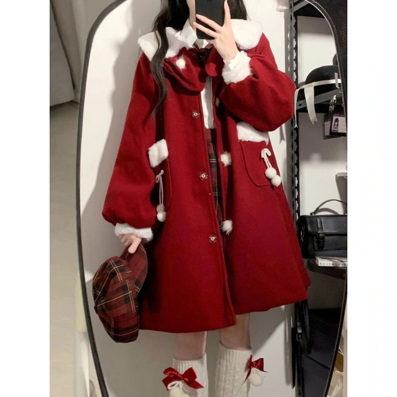 アウター レディース 冬 新年 小柄 レトロ 赤 コート ツイード かわいい コート 冬 ins コート レディース 冬 韓国ファッション クリスマス用品 サンタコスプレ クリスマス