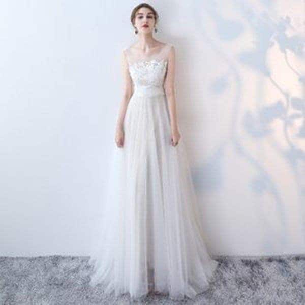 ウエディングドレス 二次会 花嫁 Aライン 白 ホワイト ロングドレス 結婚式 パーティードレス 演奏会 フォーマルドレス サッシュリボン