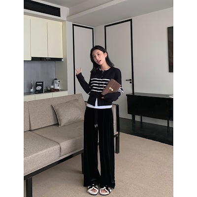 マルバンブラックベルベットワイドレッグパンツレディース秋冬ドレープハイウエストルーズチューブスリム多用途カジュアルロングパンツ