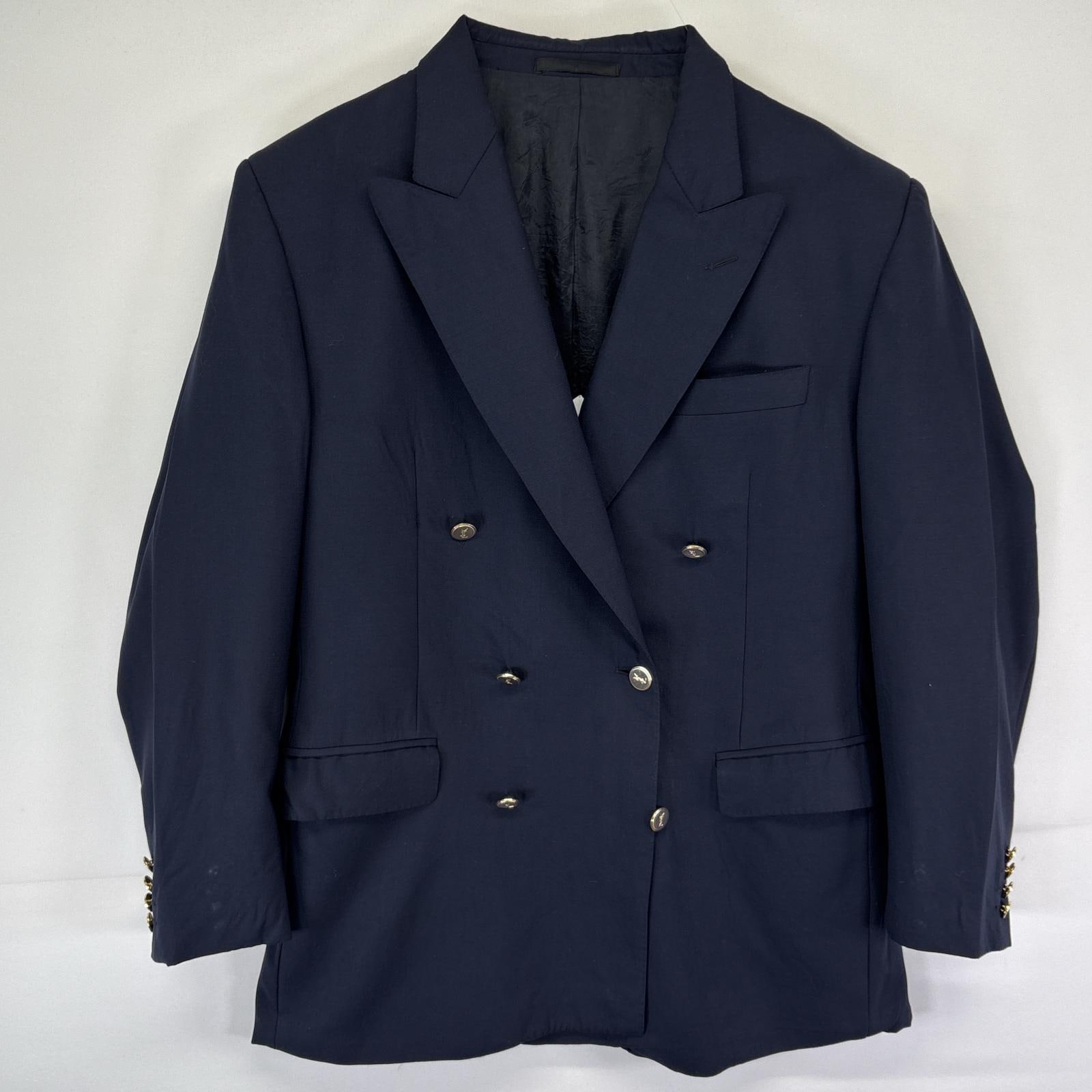古着 テーラードジャケット スーツ ブレザー 金ボタン ダブル ウール YSL 濃紺 メンズ