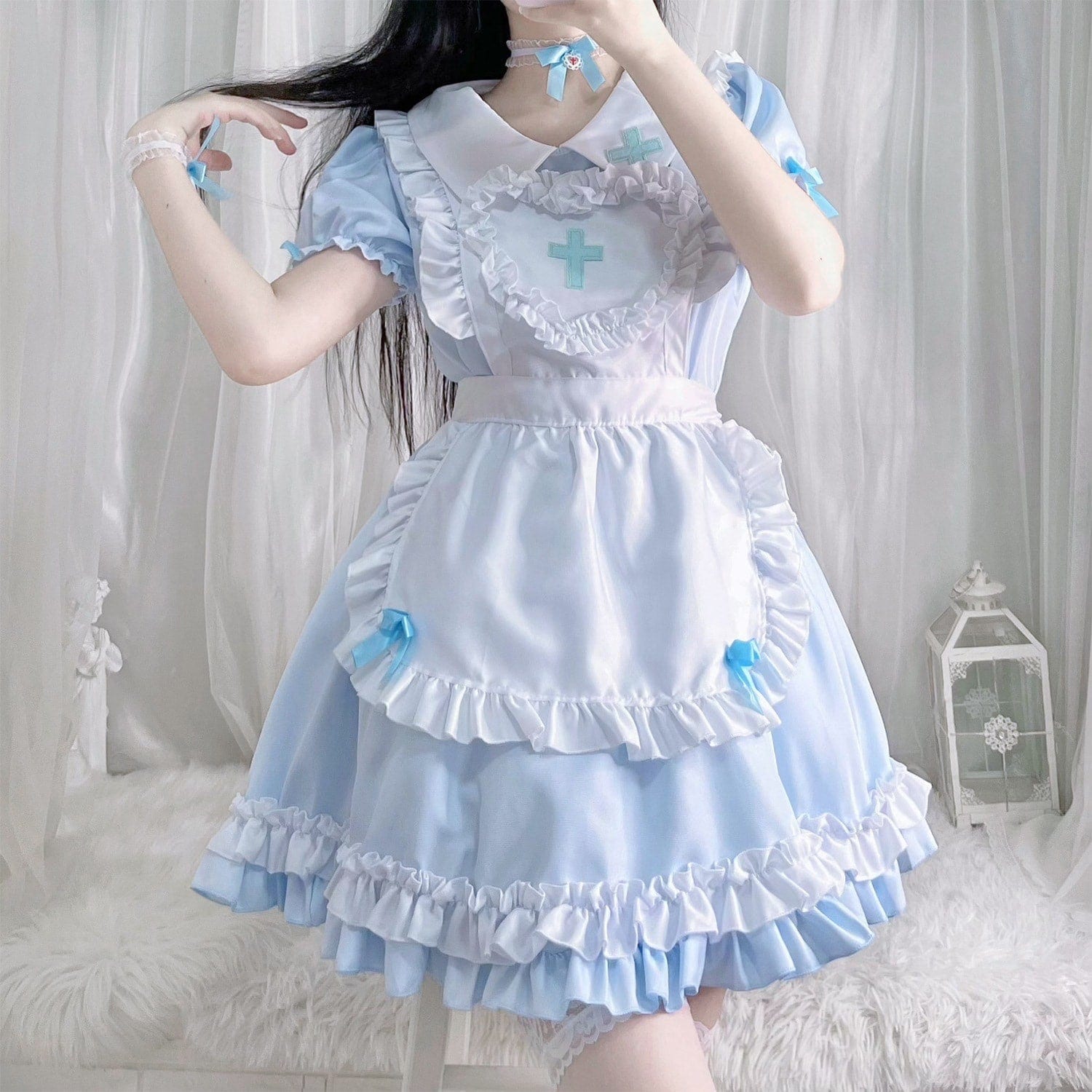 メイド服 4色のメイド服 キュート ハイウエスト フリル ドレスワンピース コスプレコスチューム 文化祭 レディース