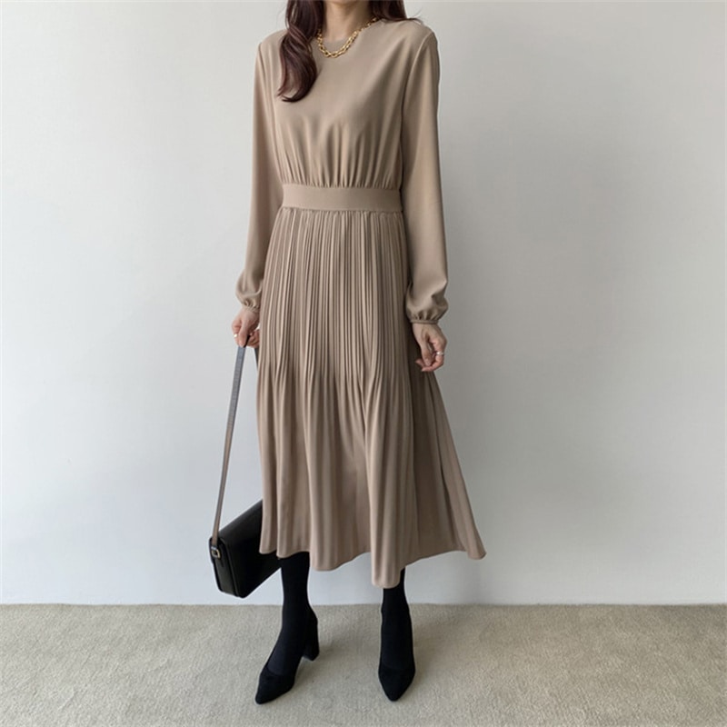 ワンピース ミモレ丈ワンピース 長袖 ラウンドネック ウエストマーク プリーツスカート かわいい 大人可愛い きれいめ シンプル 上品 おしゃれ かっこいい カジュアル こなれ感 個性的 主役級