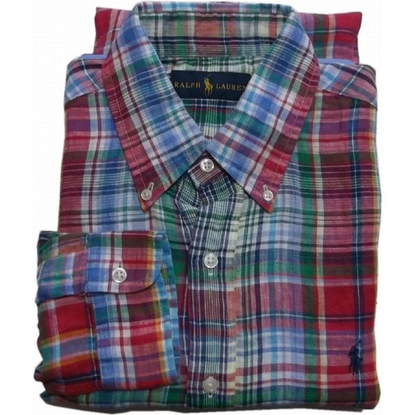 長袖 ワンポイント ボタンダウンシャツ リネン 麻 レッド PR2-534