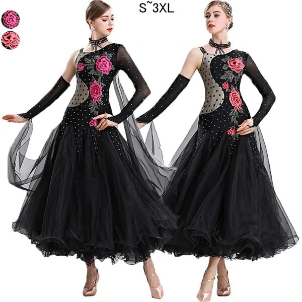 社交ダンス 衣装 モダンドレス 豪華 ドレス 大きい裾 発表会 刺繍 競技着 練習着 演出 スタンダードワルツダンス デモ パーティー ダンスウエア ダンス発表会 団体 SMLXL2XL3X