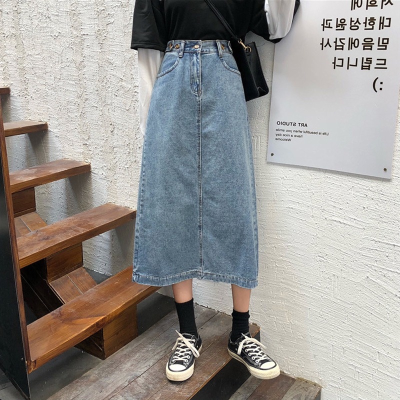 スカート ボトムス デニムスカート ミモレ ミモレ丈 ストレート Iライン スリット バックスリット ファスナー ポケット ハイウエスト デニム ブルーデニム カラーデニム 厚手 かわいい 大人可愛い
