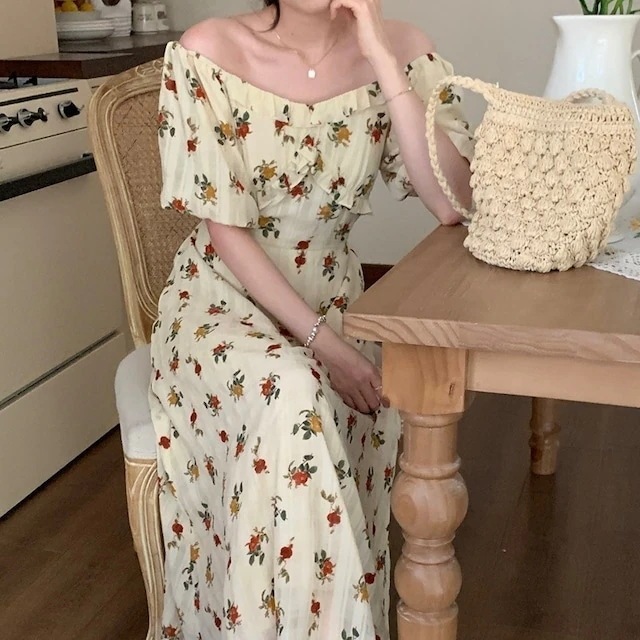 2024春夏ワンピース ミモレ丈 花柄 半袖 オフショルダーAライン 脚長効果 細見え 夏 おしゃれ かわいい キュート ガーリー 甘め 韓国ファッション レディース お出かけ安い