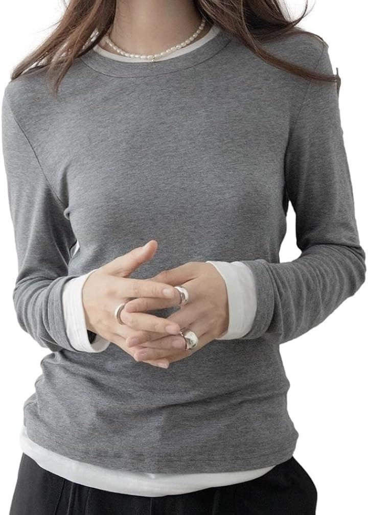 フェイクレイヤード ストレッチTシャツ リヨセルウール混 長袖(グレー, S)