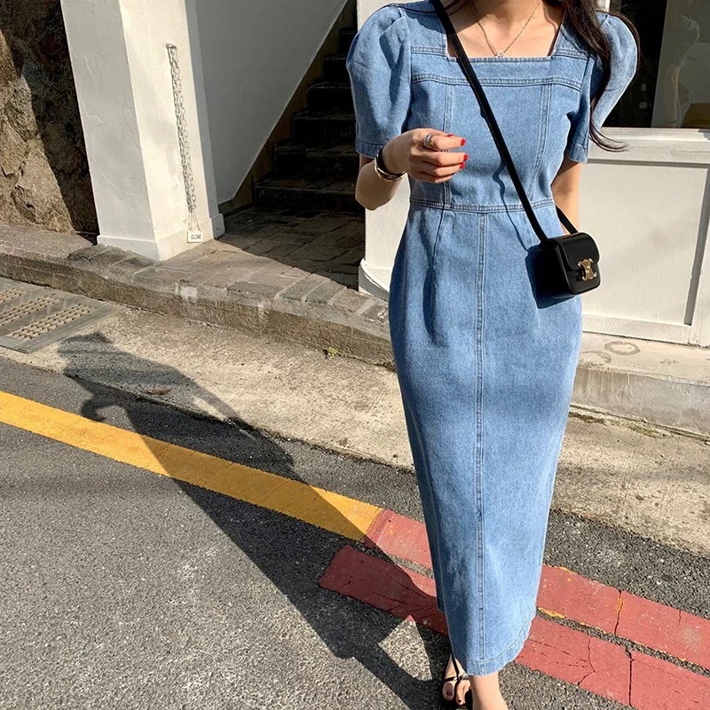 【上品】韓国 大人気 気質 百掛け バブル袖 デニム ワンピース 通勤 二次会 演奏会 着痩せ ワンヒース レディース ロングワンピース ドレス