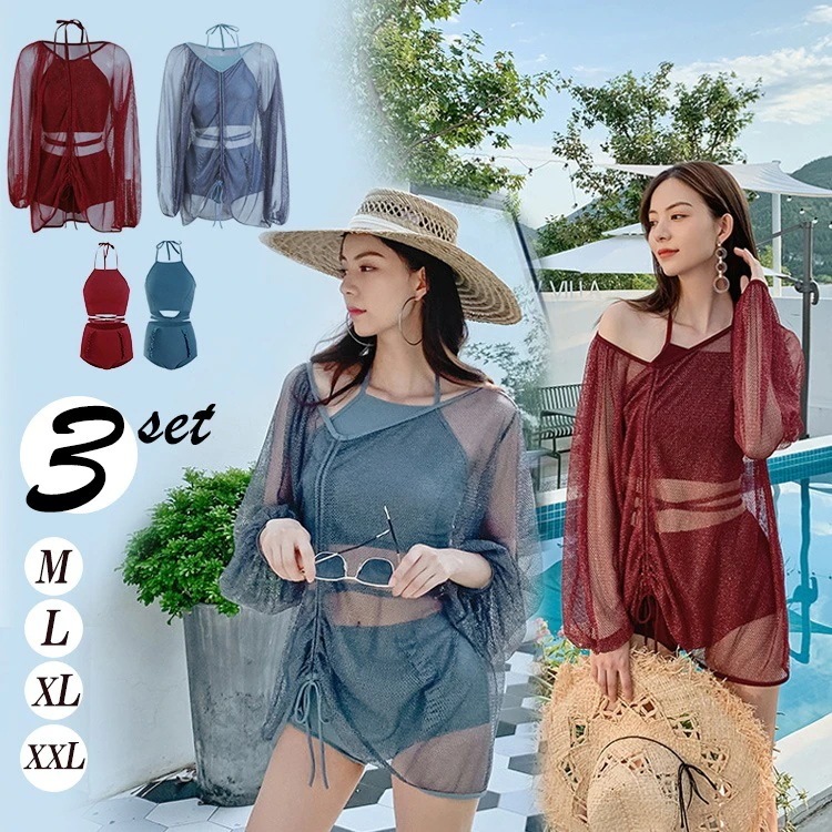 3点セット 可愛い水着ショーツのベルト洒落 体型カバー水着 タンキニ水着 短パン 白