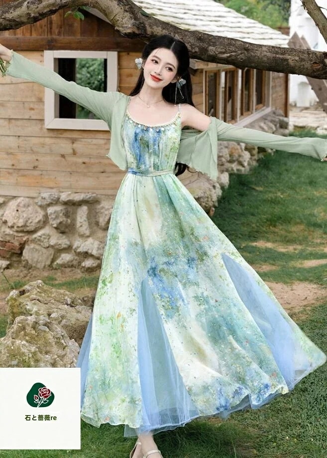 3日で出荷 高品質保証！美品ワンピース レディース春夏ワンピース　羽織2点セット　普段着　デート　花柄　切り替え　サンドレス　写真撮影　旅行　リゾート　キャミソールワンピース　2way マキシ丈 森ガ