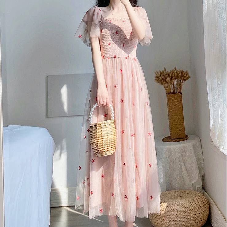 ワンピース フレアワンピース ワンピドレス ロング ロング丈 マキシ マキシ丈 袖あり 半袖 フレアスリーブ スクエアネック ノッチラペル ショールカラー フレア Aライン 刺繍 チュール