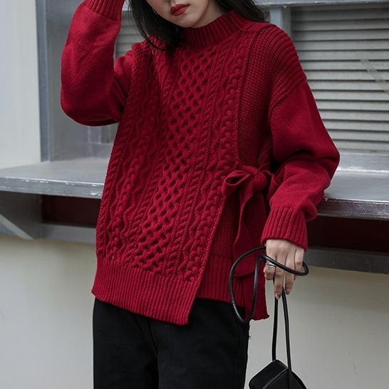 レディース トップス ニット セーター 長袖 クルーネック フェミニン サイドスリット かわいい 大人可愛い きれいめ シンプル カジュアル 上品 おしゃれ ガーリー ラブリー キュート