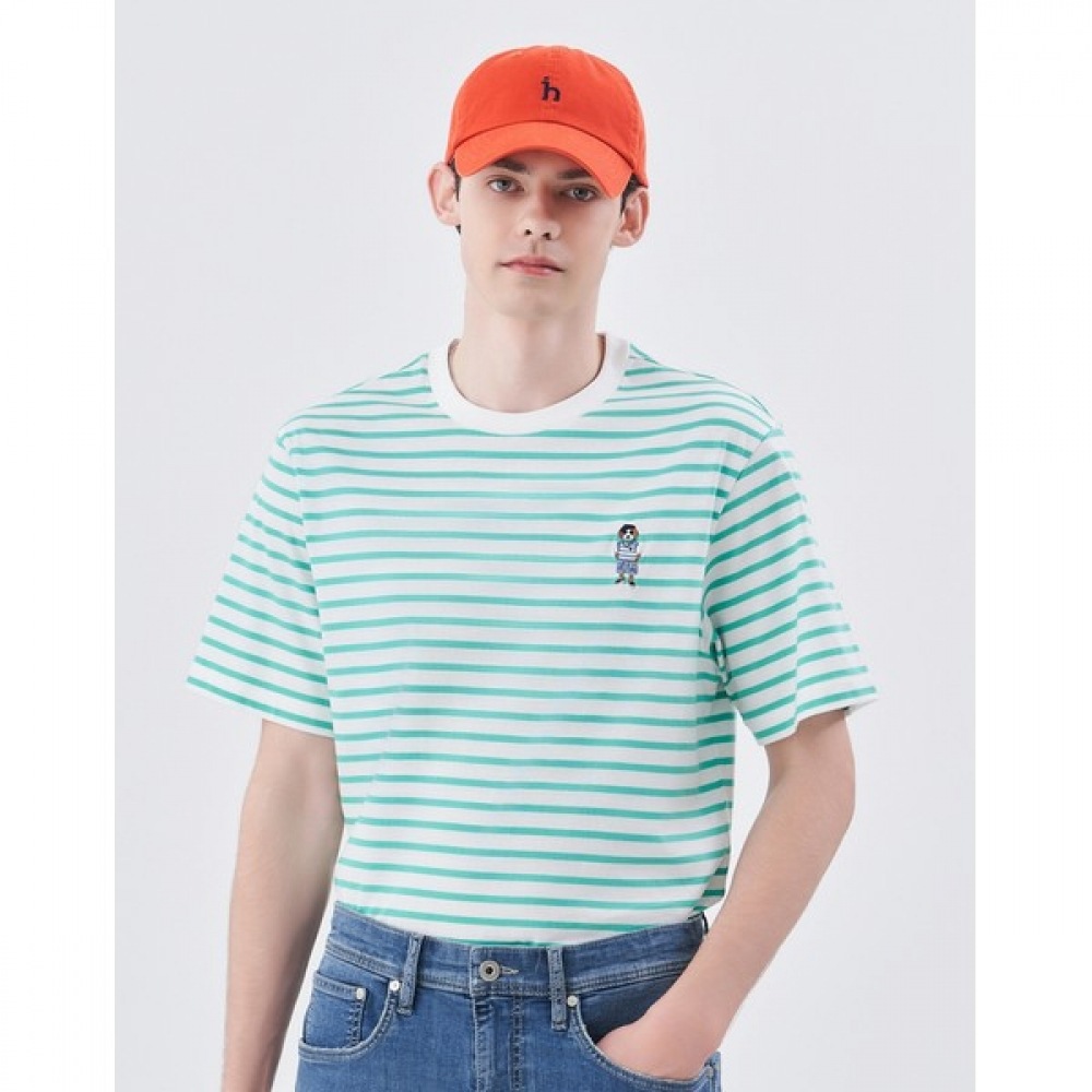 [ヘッジス] 24SS グリーンストライプクルーネックショートスリーブ T シャツ HZTS4B754E2