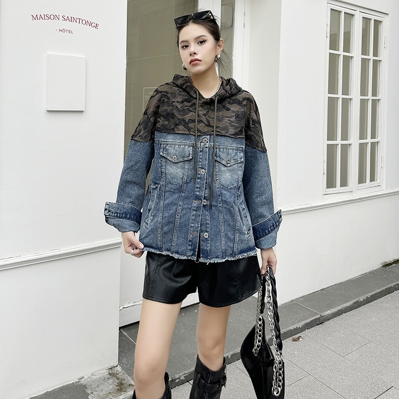 【J.Fashion】 2024秋新品 欧美風 ドッキング デニムジャケット パーカー フード付き レトロ レディース アウター デニムコート マウンテンパーカー メガ割
