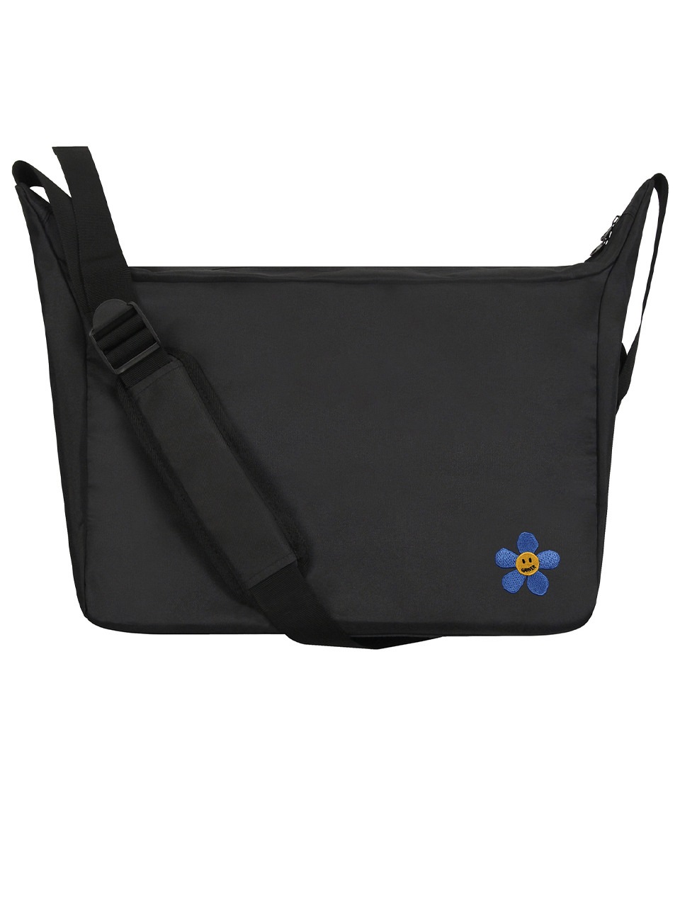 グラバーブルーフラワースマイル刺繍クロスカーブメッセンジャーバッグブラック
