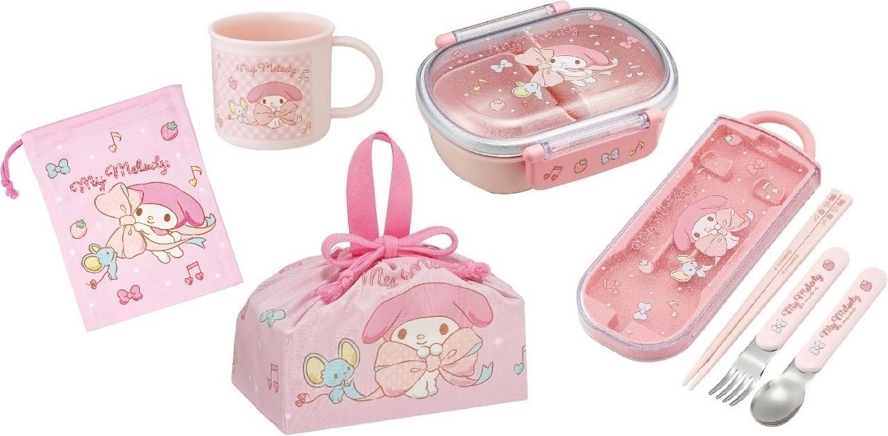 スケーター(Skater) マイメロディ 25 ビッグリボン 抗菌 食洗機対応 ふわっとフタタイトランチボックス 小判型 お弁当箱 360ml トリオセット (箸/スプーン/フォーク) コップ コップ