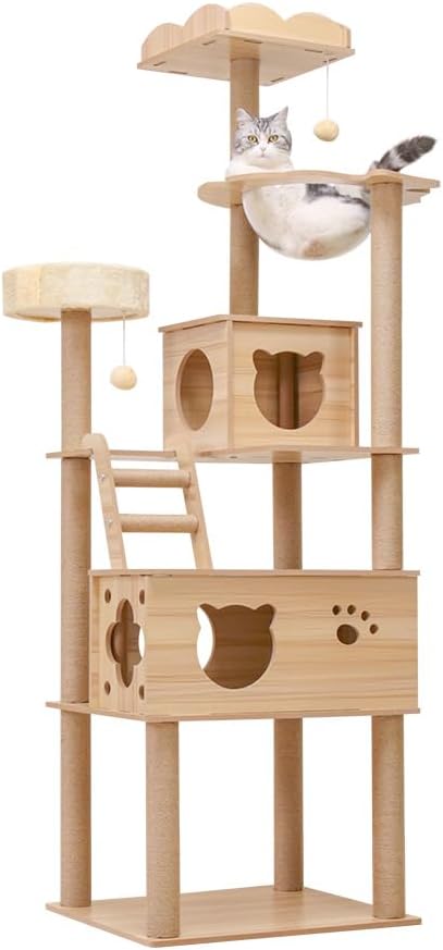 PETTIFUL キャットタワー 木製 大型 据え置き おしゃれ 大型猫 スリム 多頭飼い 見晴台付き 遊び場 成猫 高さ185cm 安定性 猫タワー 中型 爪研ぎ キャットタワー キャットツリー