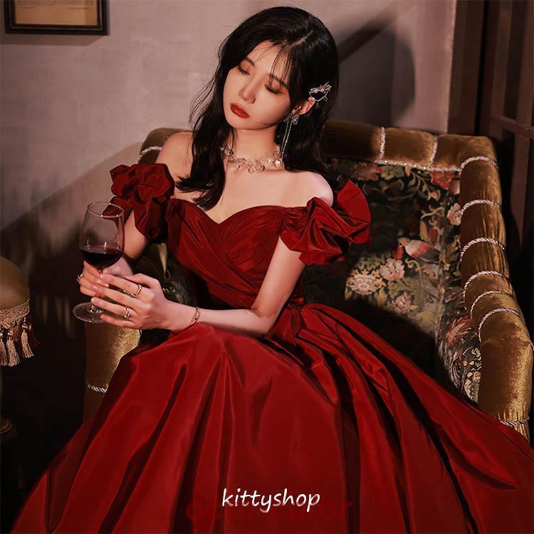 イブニングドレス ワイン赤 オフショルダー サテンドレス 結婚式ドレス 二次会ドレス ワインレッド ゲストドレス ロングドレス Aライン パーティードレス