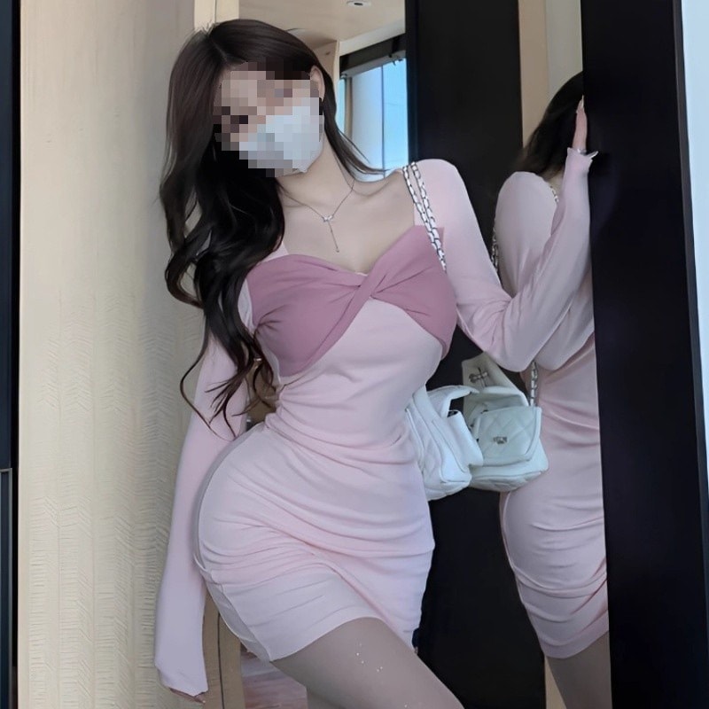 【1つ買うと10つ無料】セクシーな甘くてスパイシーな長袖の長袖のドレス女性秋と冬の韓国のハイレベルのウエストボトムバッグスカート