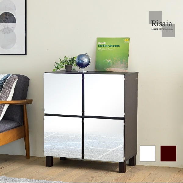 鏡面キャビネット 幅75cm 木製 ミラーキャビネット 棚 スタイリッシュ 収納 ラック 寝室 リビングボード 扉付きシェルフ