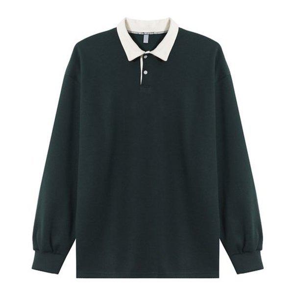 メンズ オーバーサイズ 配色カラーネック 長袖Tシャツ AC-KAA-Q001-グリーン