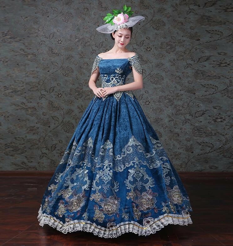 中世貴族風ドレス 中世 コスプレ 宮廷風 マキシ丈ワンピース 貴婦人ドレス ボートネックワンピース スカラップワンピース 豪華 演劇 オペラ ステージ衣装 舞台演出服 コスチューム ハロウィン 学園祭