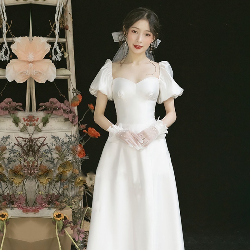韓国新作追加!!! 結婚式 ドレス ワンピース サテン ウエディングドレス レトロ 花嫁 披露宴 二次会 謝恩会 発表会 演奏会 女子会