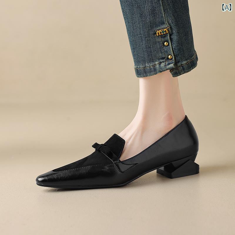 ローファー レディース オフィス 女性用 ステッチ フレンチ ポインテッドトゥ シューズ ミディアム ヒール 太い ヒール レトロ 革 通勤 リボン 小さい 革靴