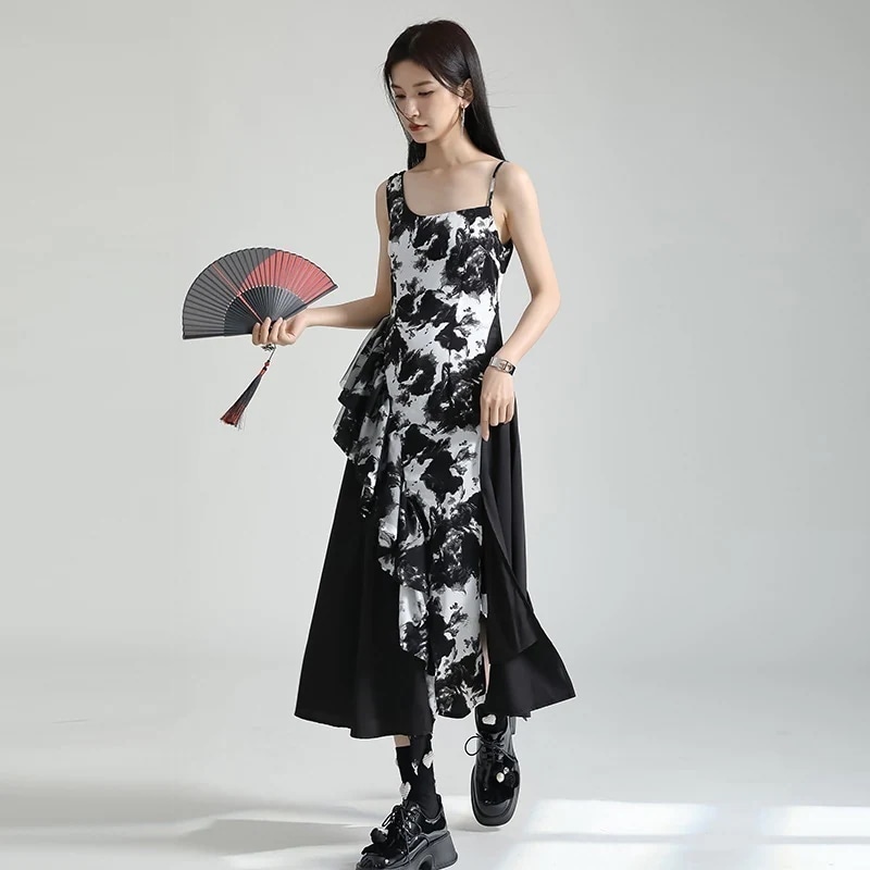 【J.Fashion】柄ワンピース キャミワンピース スリット 夏 中華風 ドッキング レディース ロングワンピース メガ割30%までに制限 6,665円