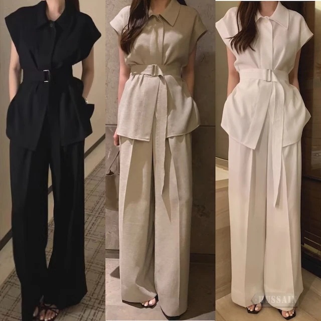 セットアップ トップス シャツ 半袖 襟 ベルト ロングパンツ ワイド ストレート 細見え ハイウエスト フォーマル きれいめ 大人っぽい おしゃれ 夏 韓国ファッション レディース お出かけ30%制