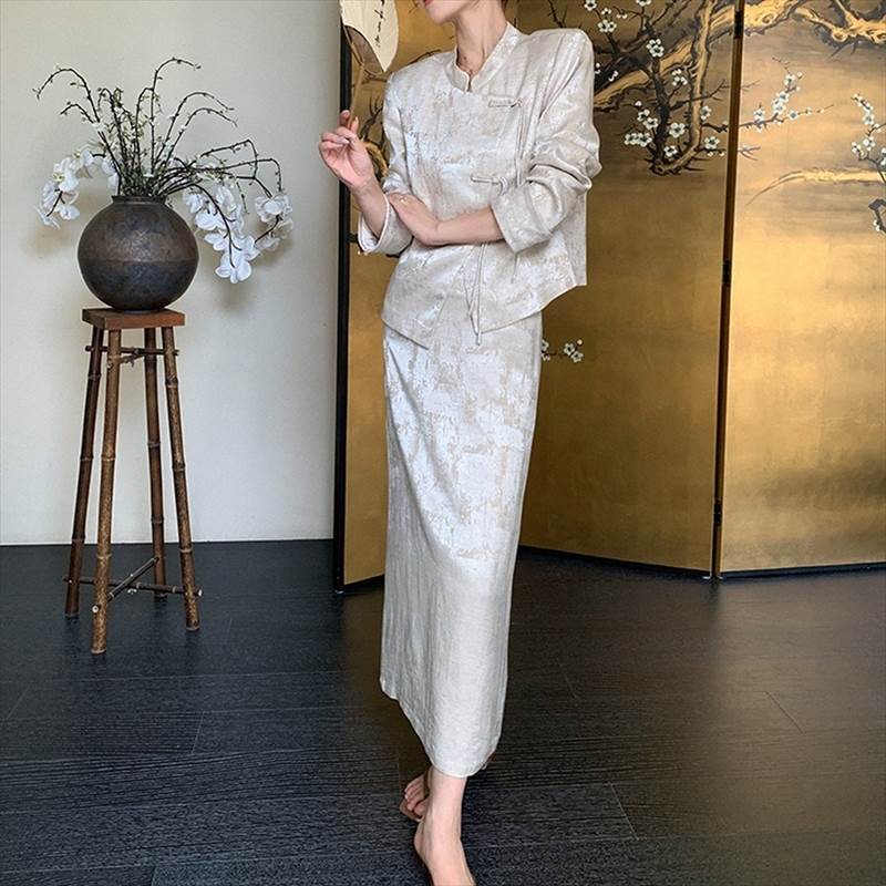 オリエンタルセットアップ チャイナ風トップス＋スカートセットアップ レディース トップス セットアップ ロング 長袖 スタンドカラー ハイネック ペンシルスカート ストレート スマート スリム シフォ 13,166円