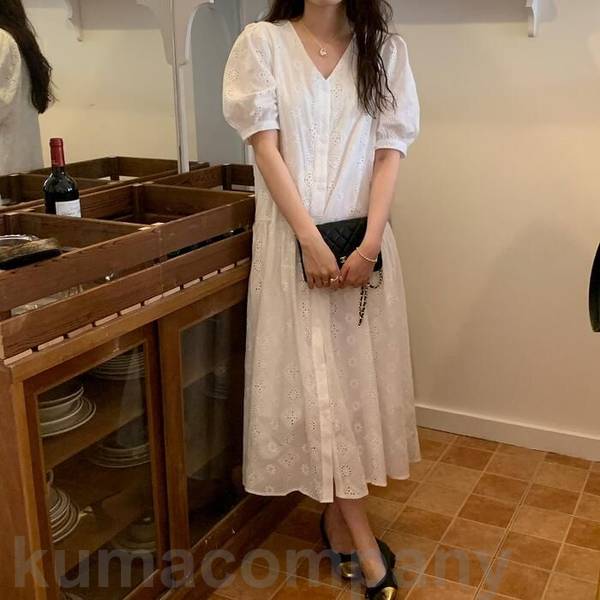 パフスリーブ ワンピース ドレス 袖あり カットワーク レース レディース きれいめ カジュアル おしゃれ 半袖 大人 可愛い フェミニン ミモレ丈 ゆったり 体型カバー シャツワンピ 韓国 ホワイト