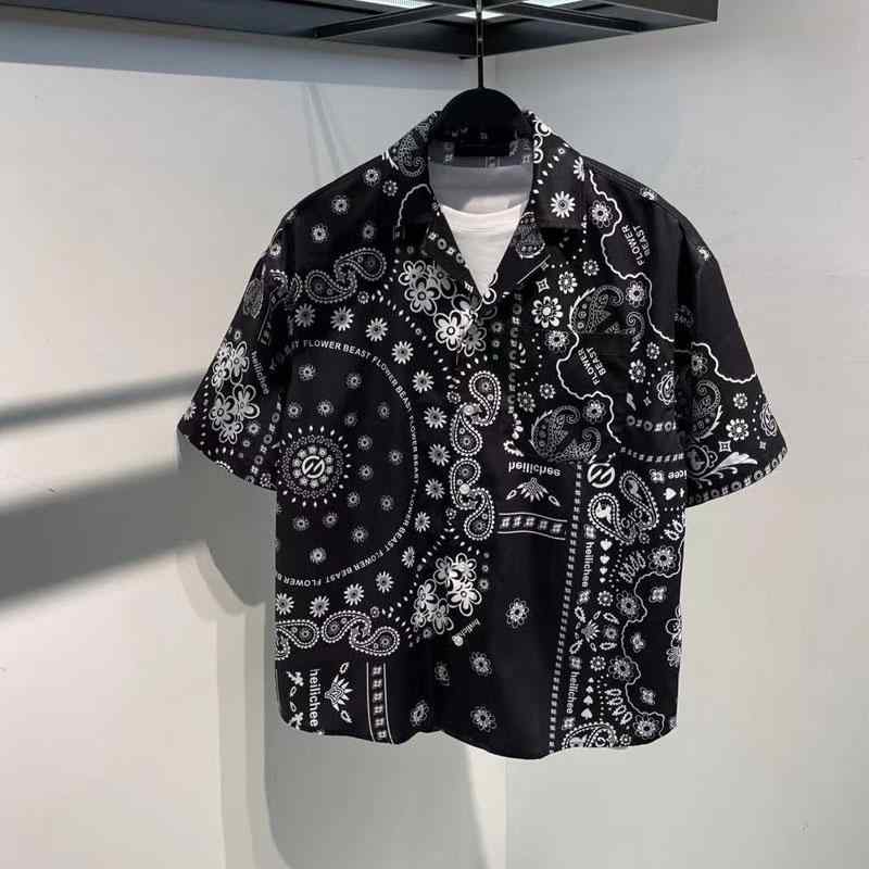ペイズリー柄 シャツ メンズ バンダナ柄 夏 韓国 カジュアル 半袖 薄手 通気性 黒