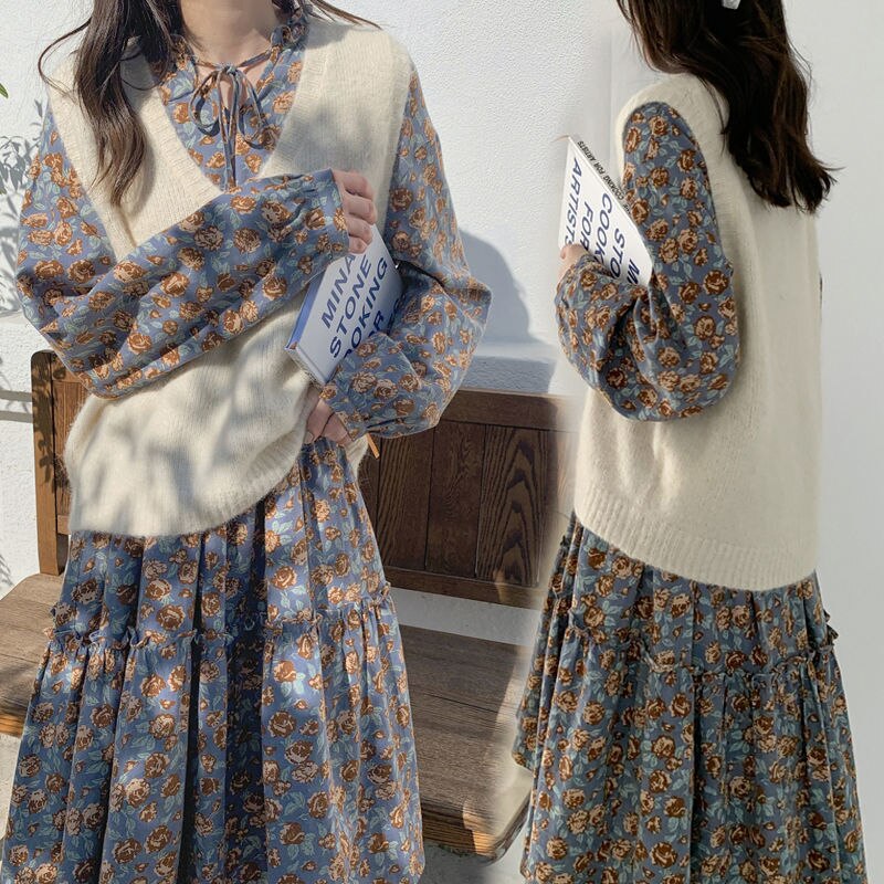 春秋の新しいゆったりした大きいサイズの太ったmmの花のベストのワンピースの長いスカートの2つのスーツ