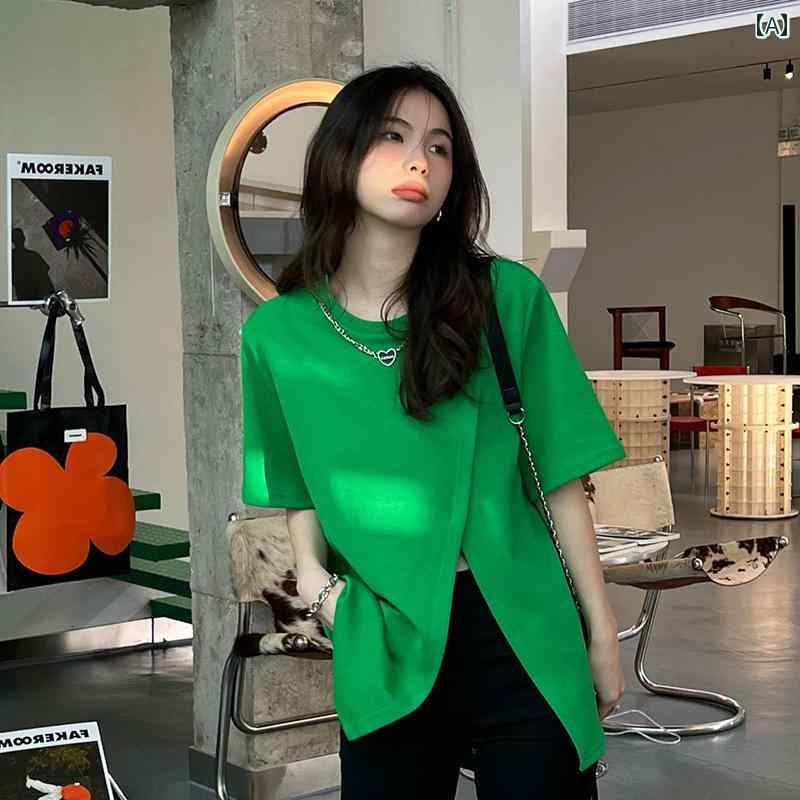 レディース トップス カジュアル おしゃれ グリーン 半袖 右 肩 Tシャツ 夏 コットン スリット スリム