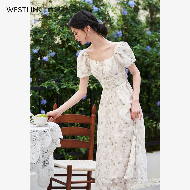 ロングワンピース シーチングワンピース ワンピース 韓国風レトロワンピース ワンピース ワンピース ワンピース フラワープリント 夏 パーティードレス 韓国 2025夏新作 レディース パフスリーブ