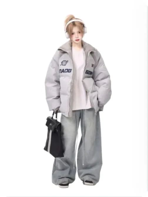 オーバーサイズ 2025 冬 レーシングスーツ ダウンジャケット 厚手 カップルウェア 刺繍 英字 アーバンスポーツパファージャケット