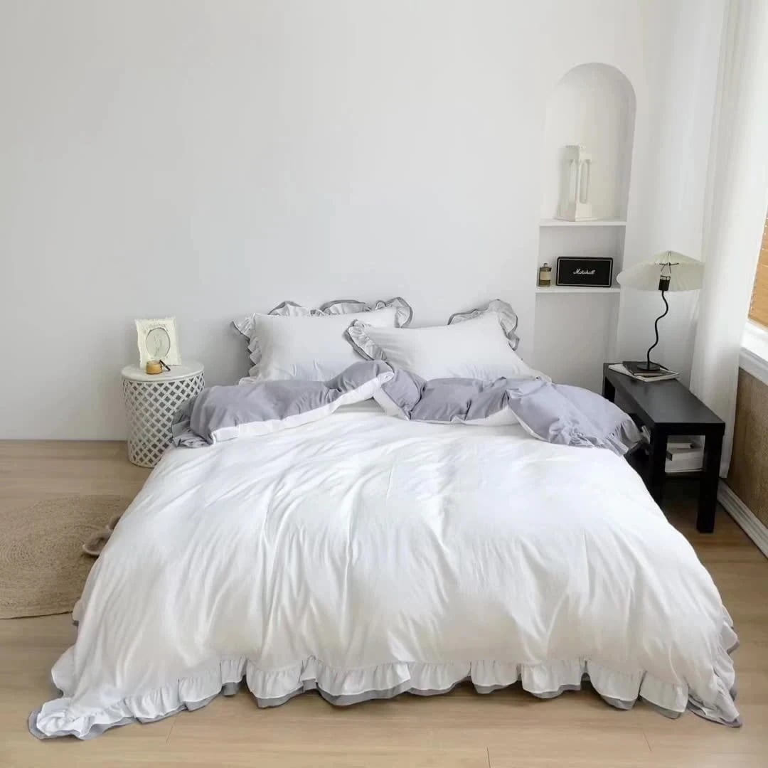 2024 日本サイズ 韓国ファッション ファッション コントラストカラー フリル ベッド 笠 4点セット 布団カバー 枕カバー 抗菌 寝具