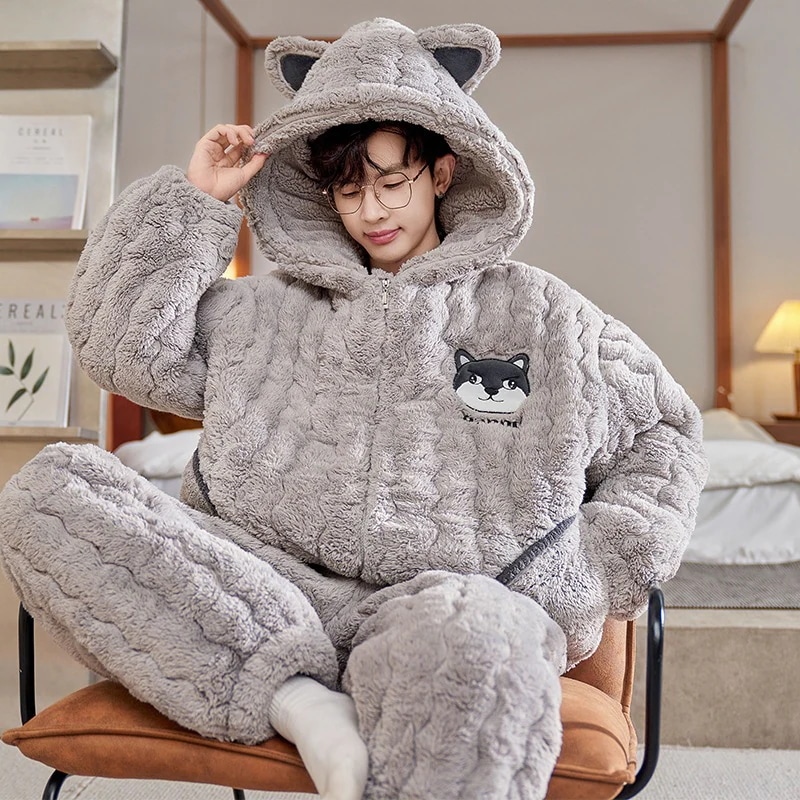 通学 三重綿パジャマ男性秋冬加絨厚手サンゴ絨毯ファスナー連帽冬の部屋着は外着可能 保育園 小学部