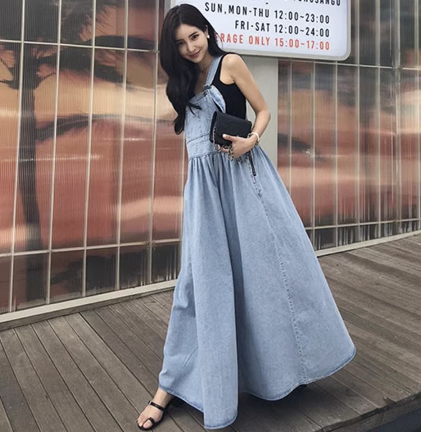 ワンピース オールインワン サロペット ジャンパースカート ジャンスカ デニムワンピース ロング ロング丈 袖なし ノースリーブ フレア Aライン ウエストマーク ポリエステル かわいい シンプル