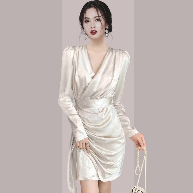 チェーン柄 ドレス ワンピース 膝丈ドレス ワンピースドレス ワンピドレス 膝丈 ひざ丈 膝上 長袖 Vネック カシュクール スレンダー スレンダーライン タイト ベルト ウエストマーク フォーマル