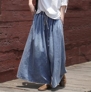 デニム ワイドパンツ レディース ゆったり ジーンズ デニム ガウチョパンツ スカーチョ サルエル