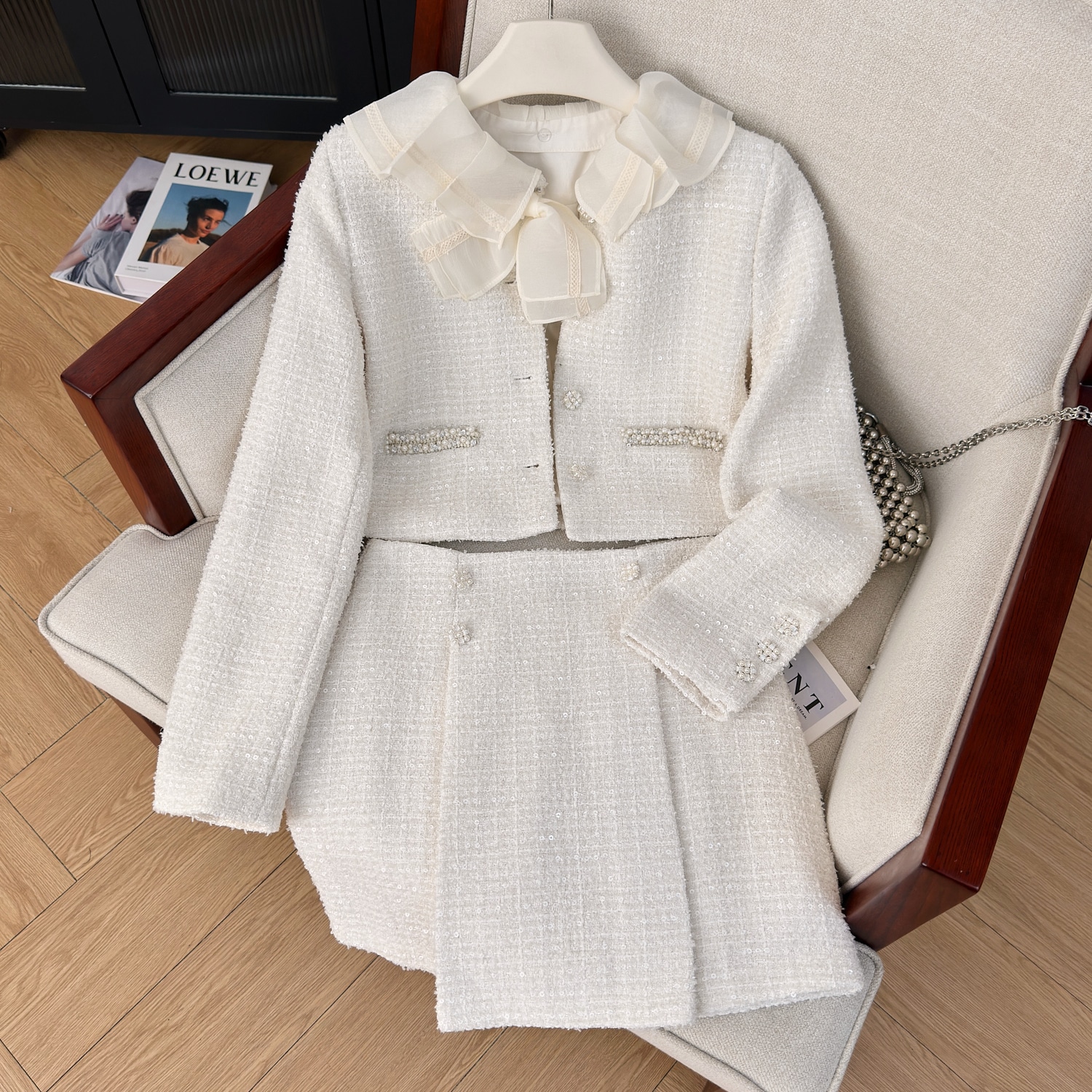 高級感　セットアップ　　ツイード　ジャケット　アウター　トップス　スカート　 パーティー セレブ 女優 同窓会　お茶会　オフィス OL デート　普段着