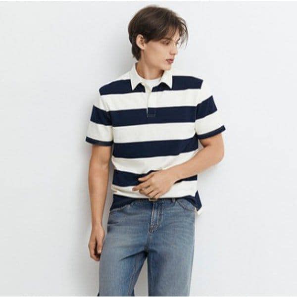 NEW 男性 コットン ポロネック ストライプ ラグビー 半袖 Tシャツ 01016515