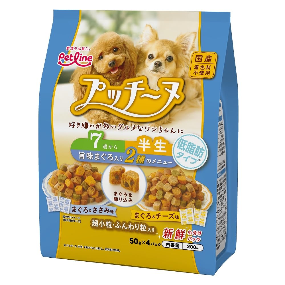 いぬのしあわせ ペットライン プッチーヌ 半生 7歳から低脂肪タイプ 旨味まぐろ入り 200g(50g×4) ソフト 国産 無着色 アソート 小分け 200g(50g×4)×12個 (ケース販売)