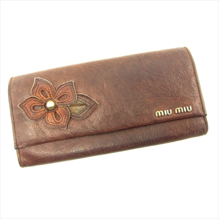 長財布 ファスナー付き 長財布 フラワーモチーフ ブラウン 中古