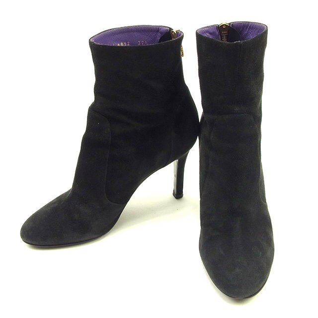 ブーツ シューズ 靴 ショート 37ハーフ バックファスナー ブラック ゴールド 中古