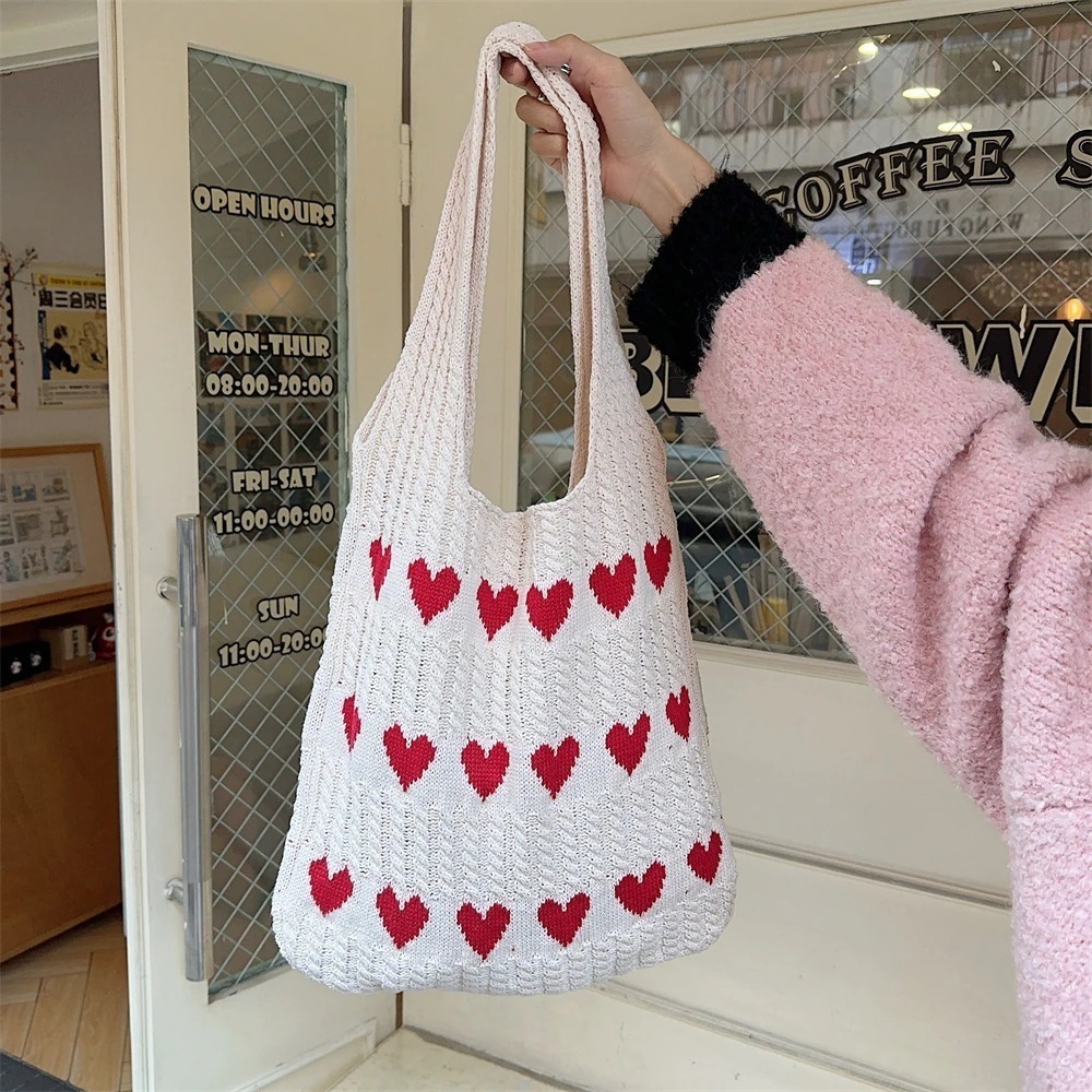 每日更新ニット ハート かたかた掛け トートバッグ 手提げバッグ スマホポーチ 大容量トートバッグ ウール 化粧ポーチ