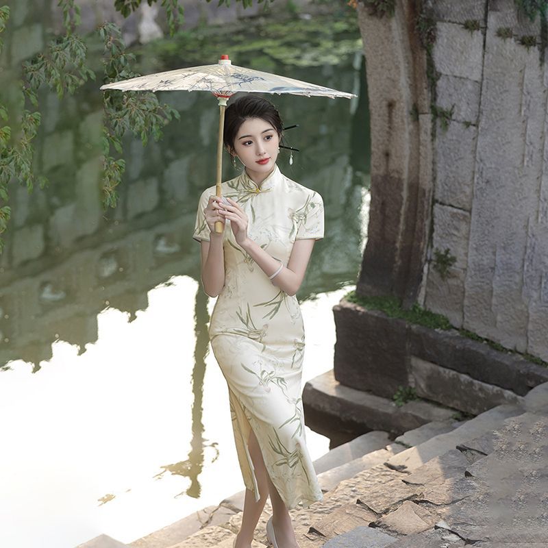 新登場 春の新生活 ワンピース おしゃれ デザイン 花柄ワンピース カジュアル ロングタイプ 着痩せ ウエスト引き締め スリット半袖 チャイナドレス