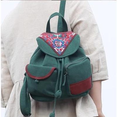 リュック レディース おしゃれ エスニック バックパック 鞄 巾着 ジッパー 刺繍 ポケット 撥水 綿 旅行 普段使い 民族風 レトロ カジュアル